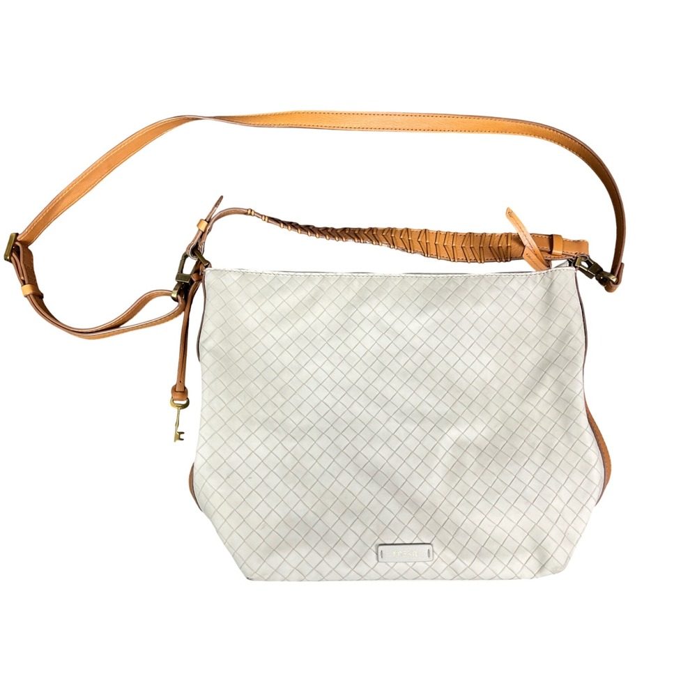 Fossil Woven Lattice Hobo Bag Cream White Tan Leather Trim Braided Strap Large